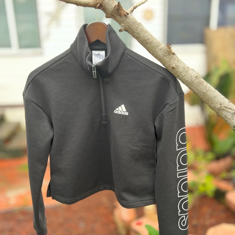 Adidas Women's Linear Fleece 1/4 Zip Pullover Crop Sweatshirt Black Size XS - Picture 4 of 5